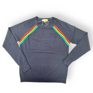 NEW J. SOCIETY women's crew sweater with rainbow stripe in navy